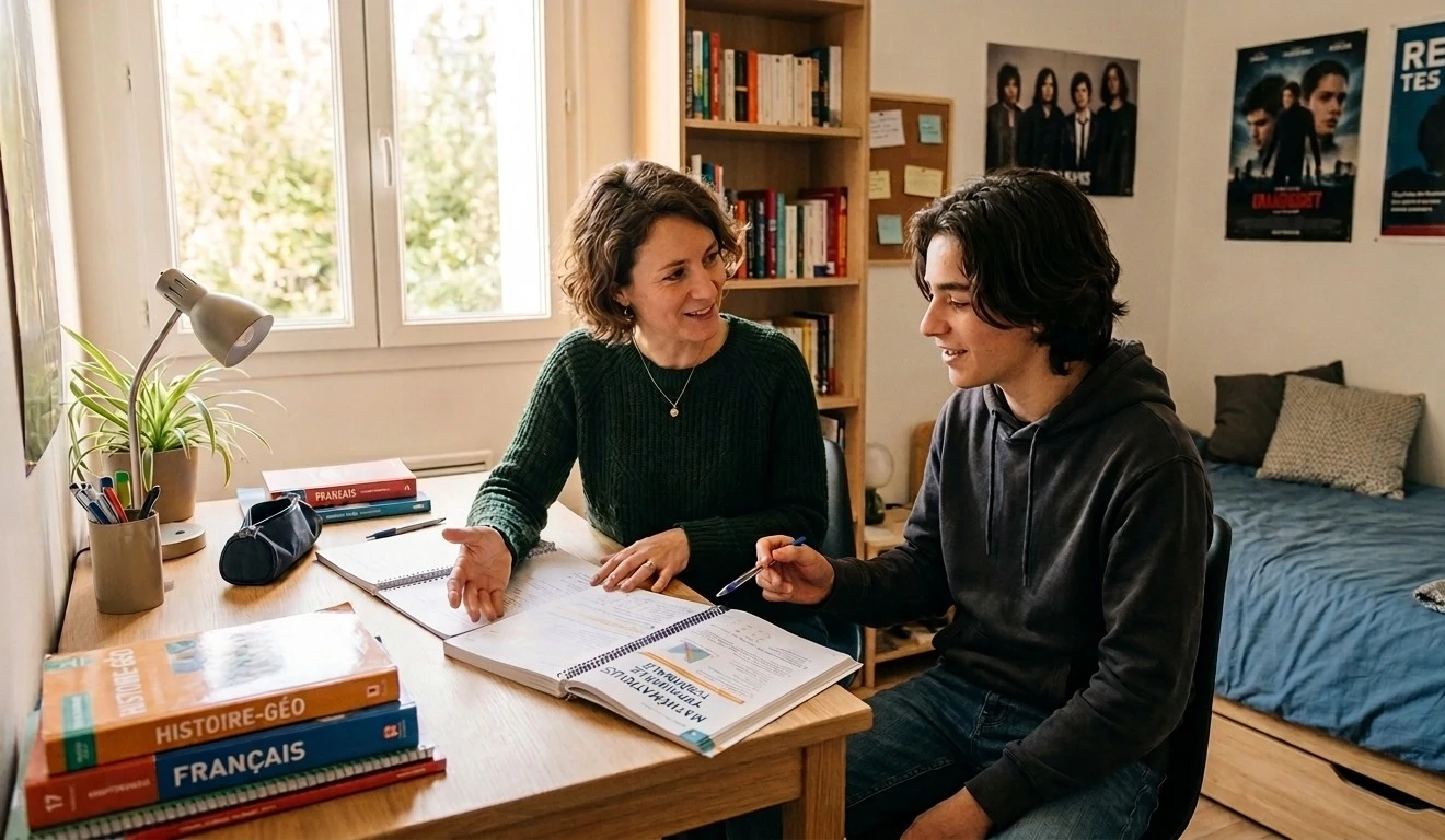 Une professeure et un lycéen assis à un bureau lors d’un cours particulier à domicile dans une chambre d’adolescent.
