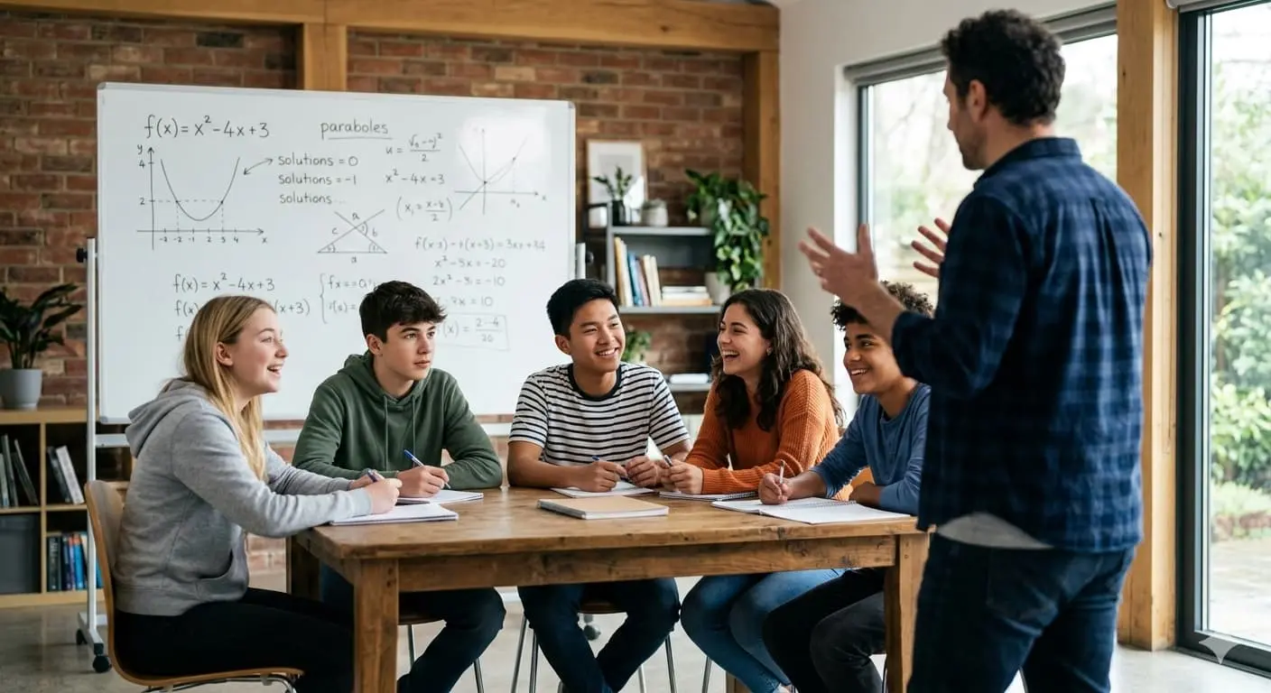 Un groupe de cinq lycéens en terminale suivant un stage spécialité terminale échangeant avec leur professeur dans une salle moderne et lumineuse.