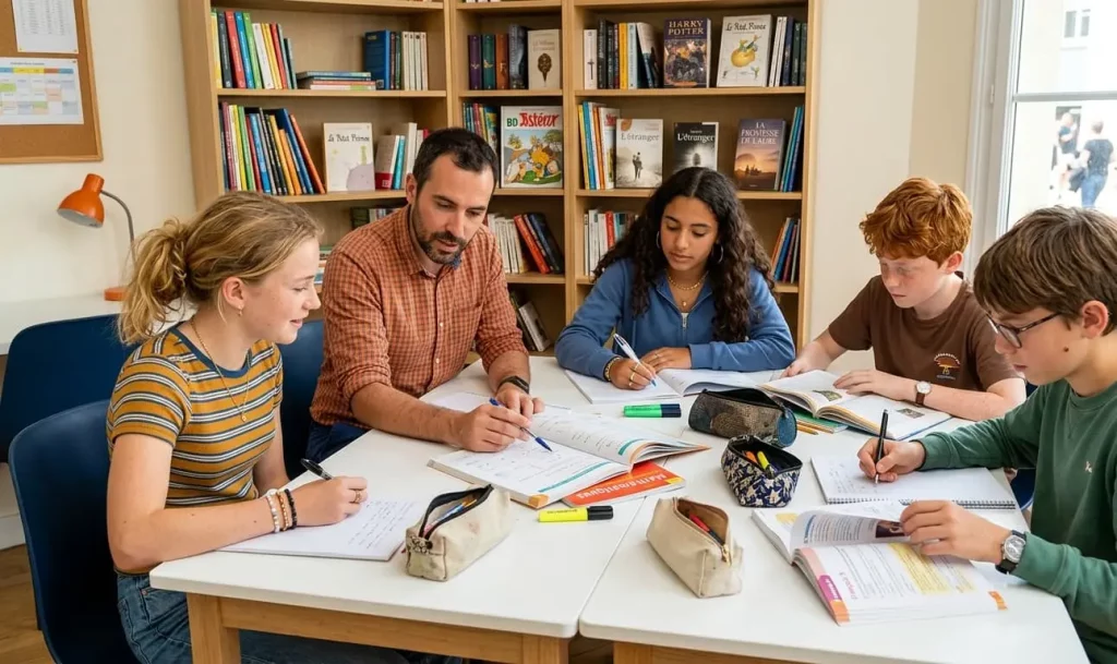 Séance d'aide aux devoirs en agence avec un professeur expliquant une leçon à quatre collégiens autour d'une table blanche, ambiance lumineuse avec bibliothèque de manuels scolaires en arrière-plan.