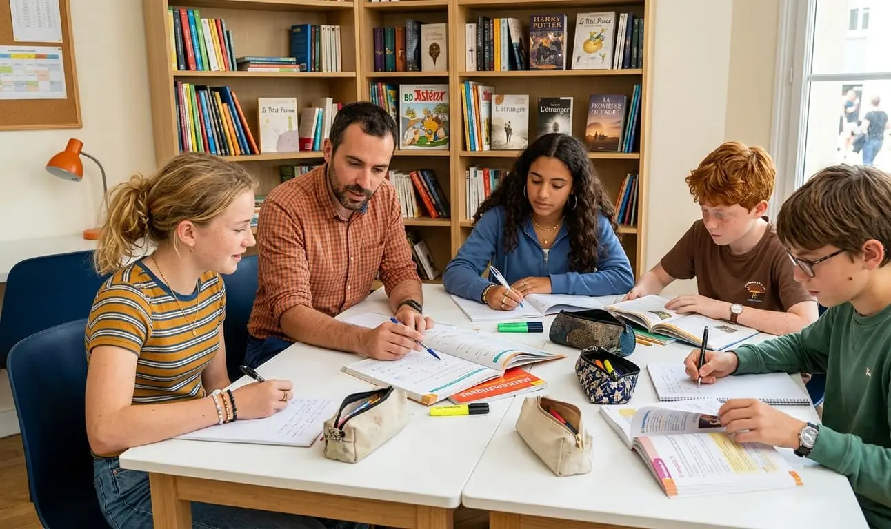 Séance d'aide aux devoirs en agence avec un professeur expliquant une leçon à quatre collégiens autour d'une table blanche, ambiance lumineuse avec bibliothèque de manuels scolaires en arrière-plan.