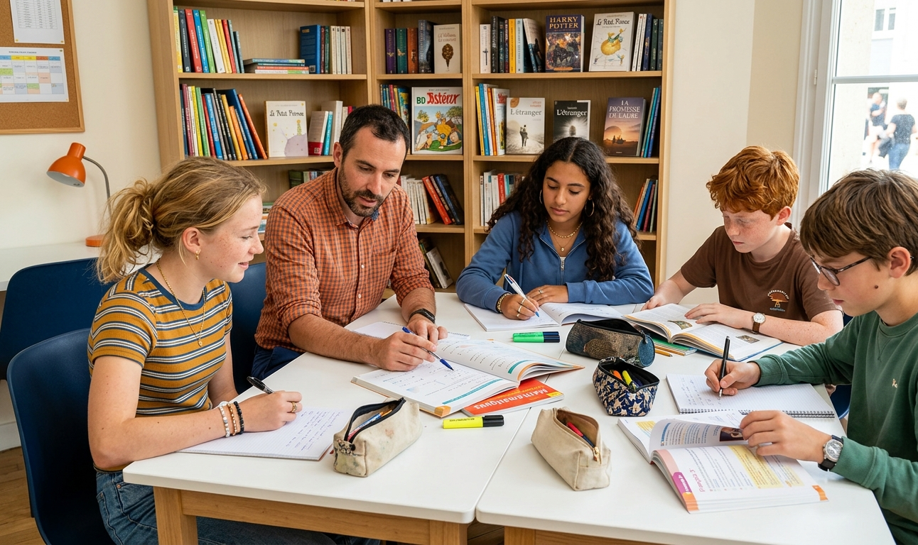 Séance d'aide aux devoirs en agence avec un professeur expliquant une leçon à quatre collégiens autour d'une table blanche, ambiance lumineuse avec bibliothèque de manuels scolaires en arrière-plan.